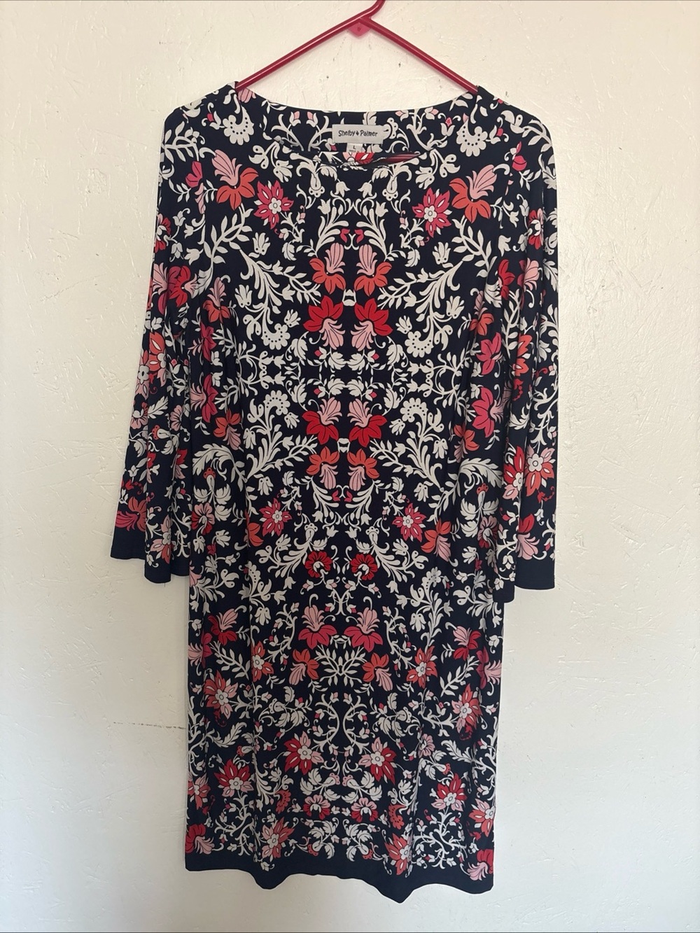 Shelby & Palmer Navy Floral-Print Midi Dress with Red and Pink Accents